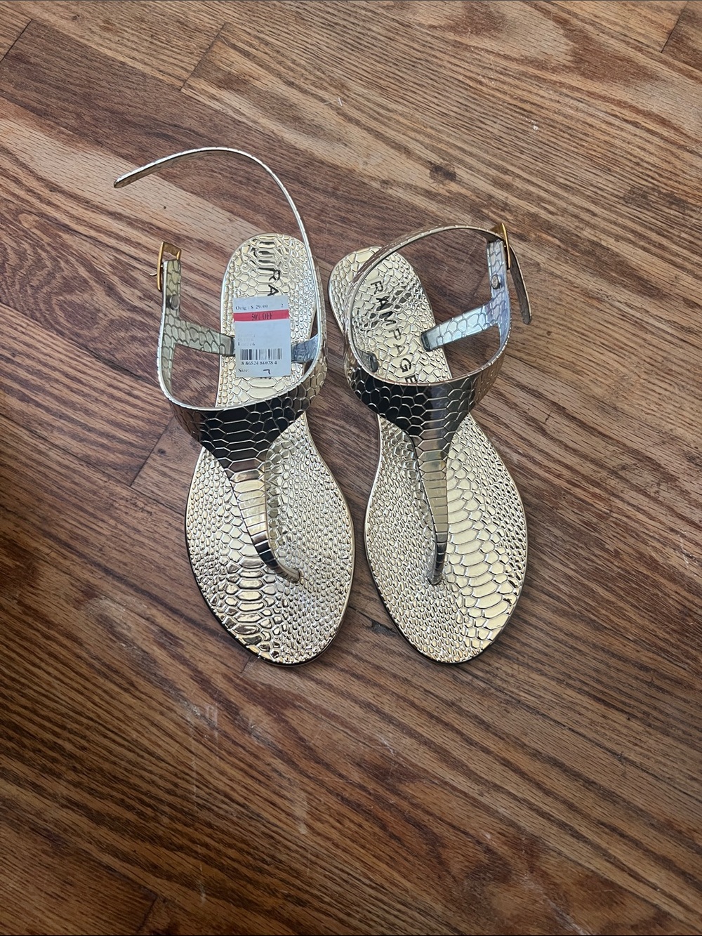 Rampage Gold Snake-Textured T-Strap Sandals